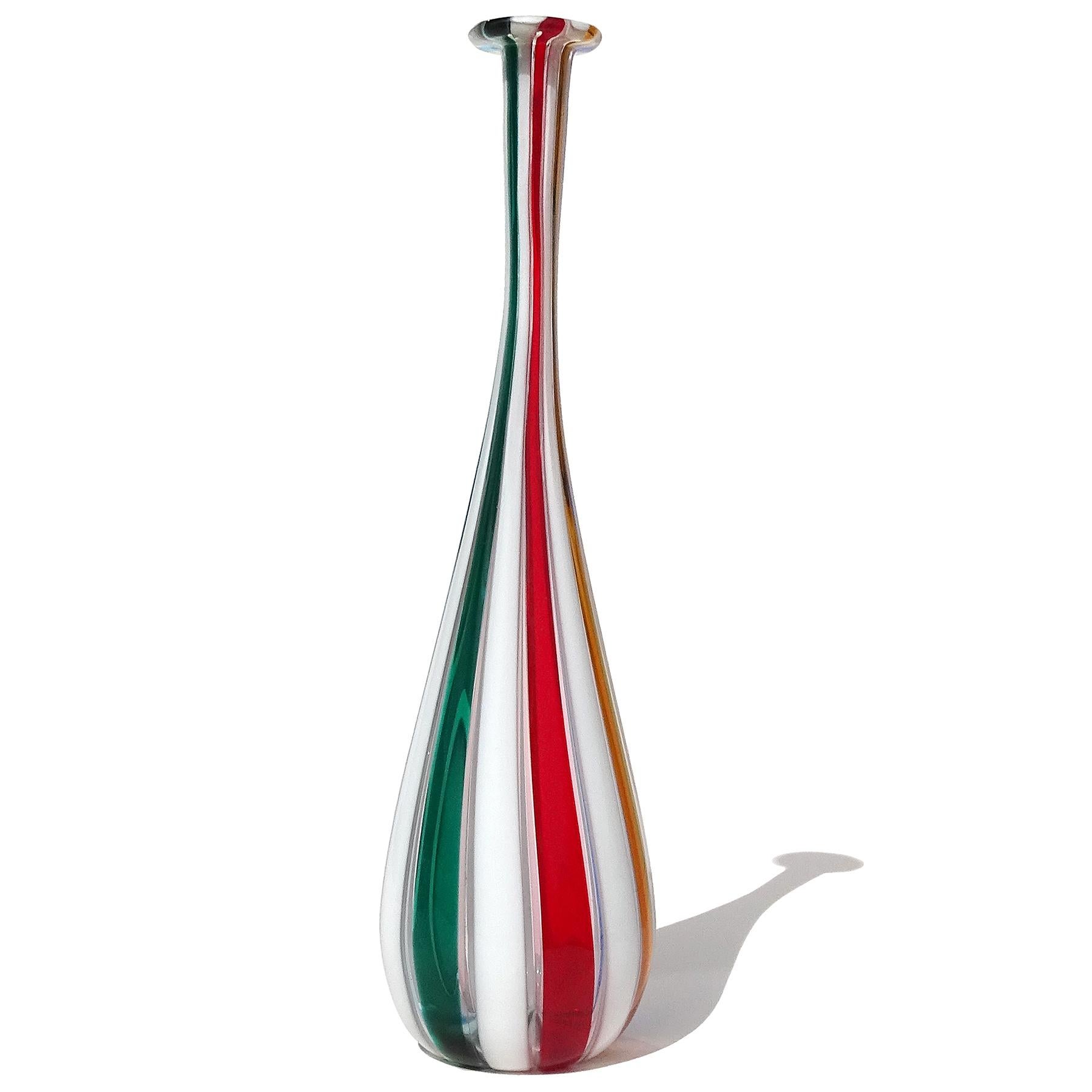 20th Century Murano Red White Stripes Italian Art Glass Thin Soliflore Specimen Flower Vase For Sale