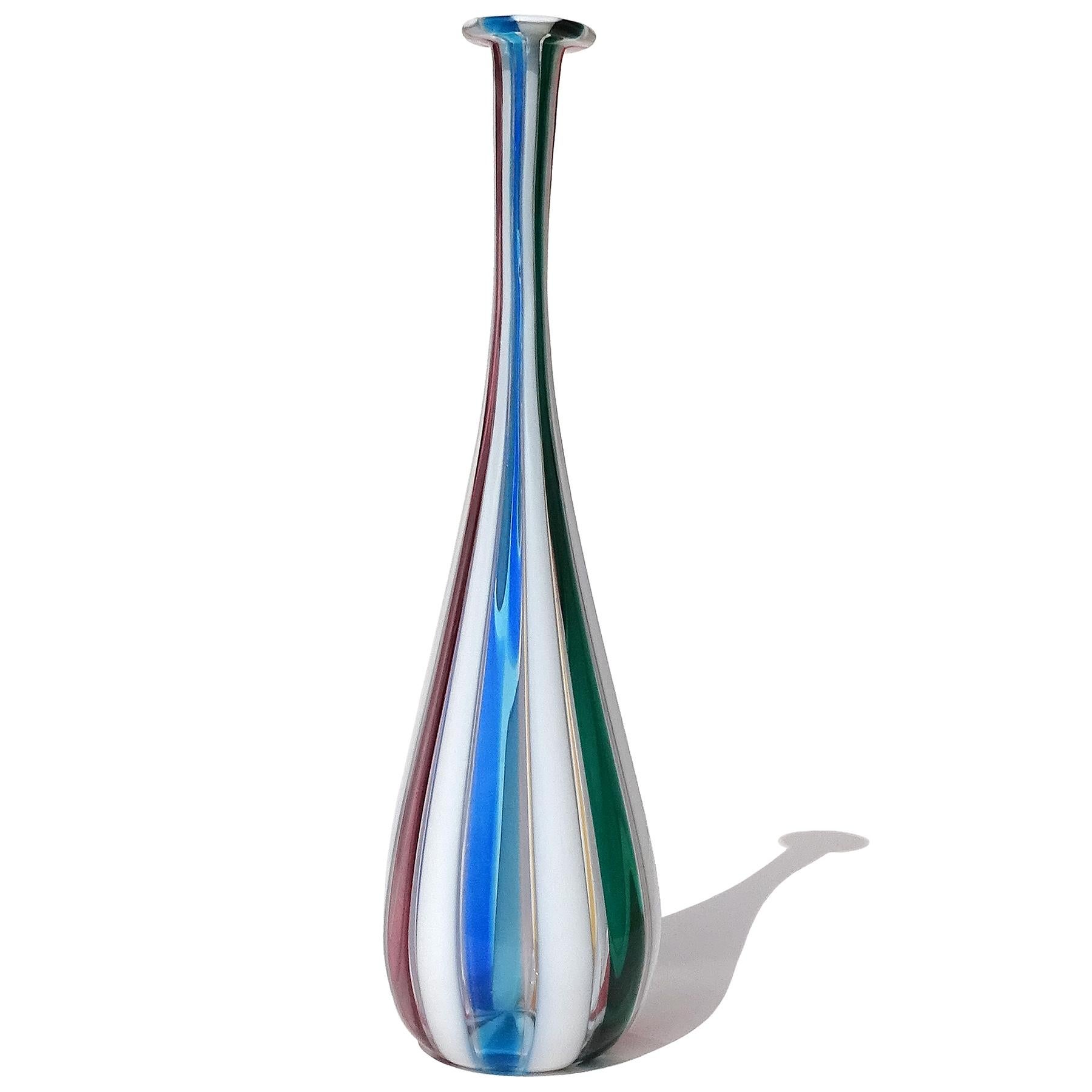 Murano Red White Stripes Italian Art Glass Thin Soliflore Specimen Flower Vase For Sale 2