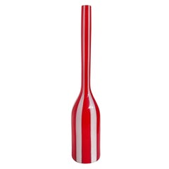 Murano Red White Stripes Italian Art Glass Thin Soliflore Specimen Flower Vase