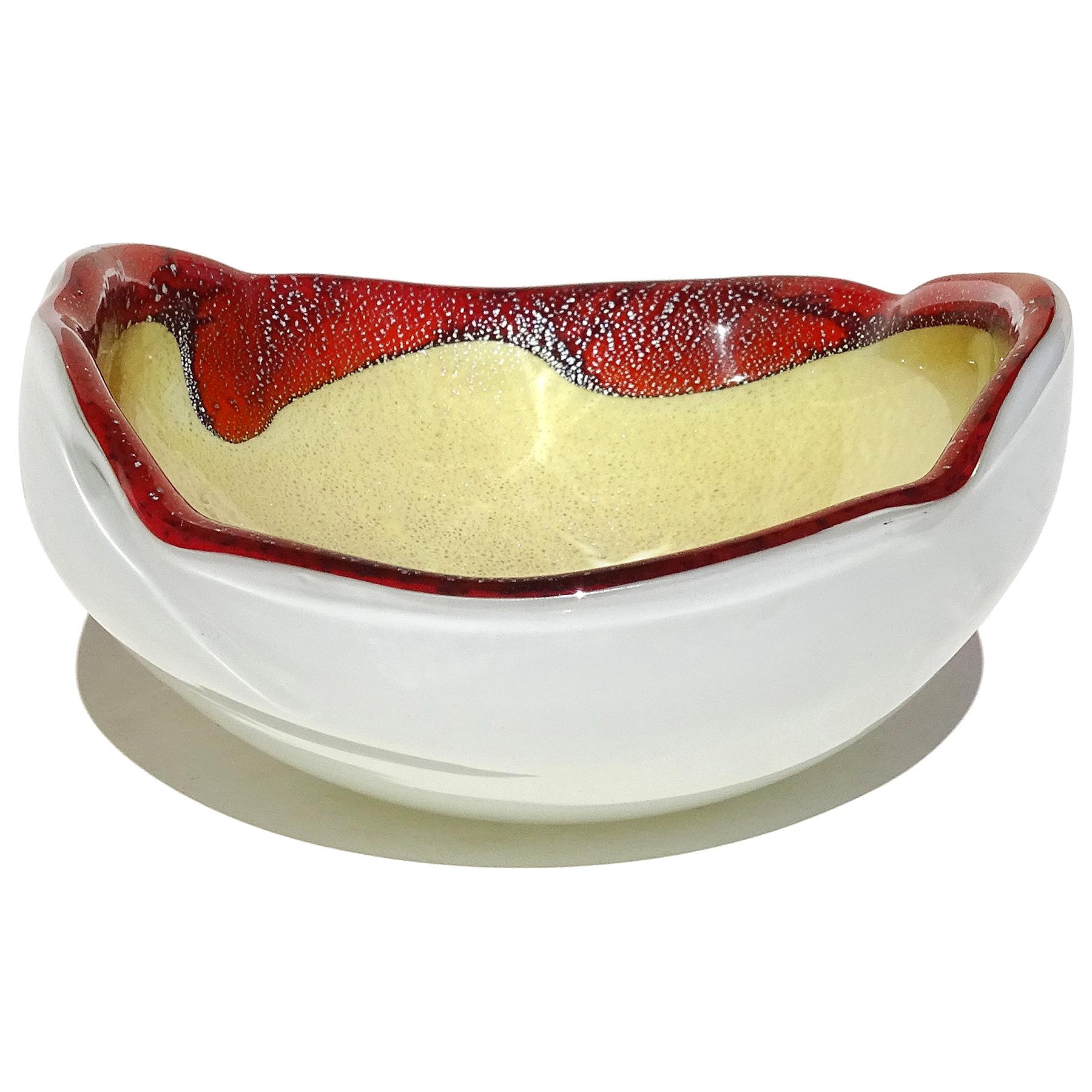 Hand-Crafted Murano Red White Yellow Silver Flecks Italian Art Glass Decorative Oval Bowl