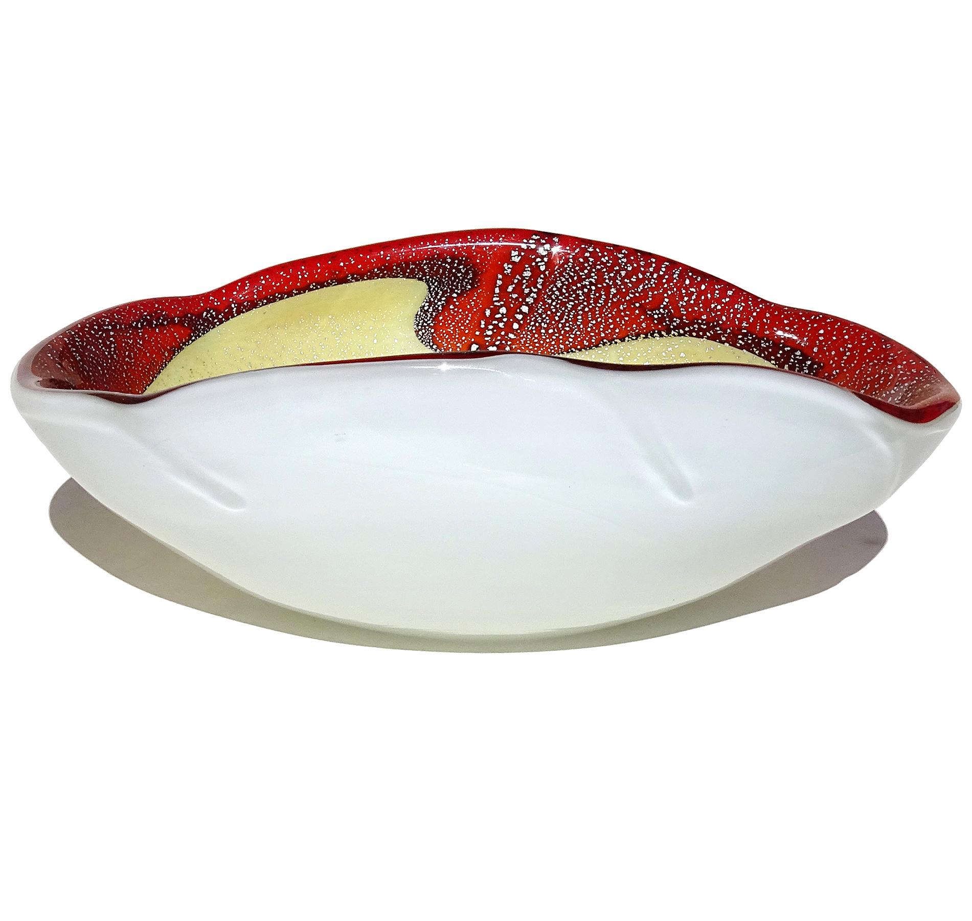 20th Century Murano Red White Yellow Silver Flecks Italian Art Glass Decorative Oval Bowl