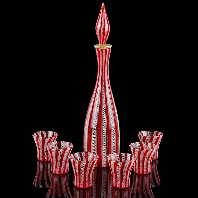 Murano Red White Zanfirico Ribbons Italian Art Glass Decanter Shot Glasses Set at 1stDibs