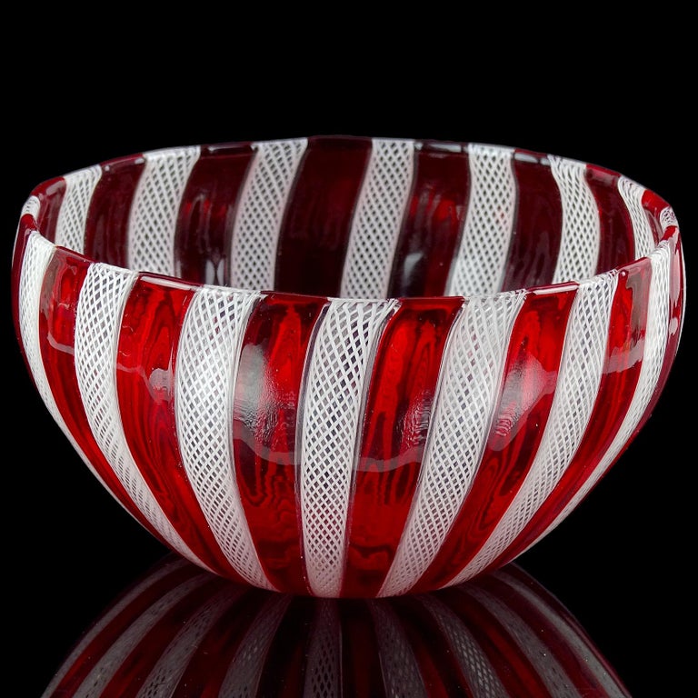 Mid-Century Modern Murano Red White Zanfirico Ribbons Italian Art Glass Decorative Candy Dish Bowl For Sale