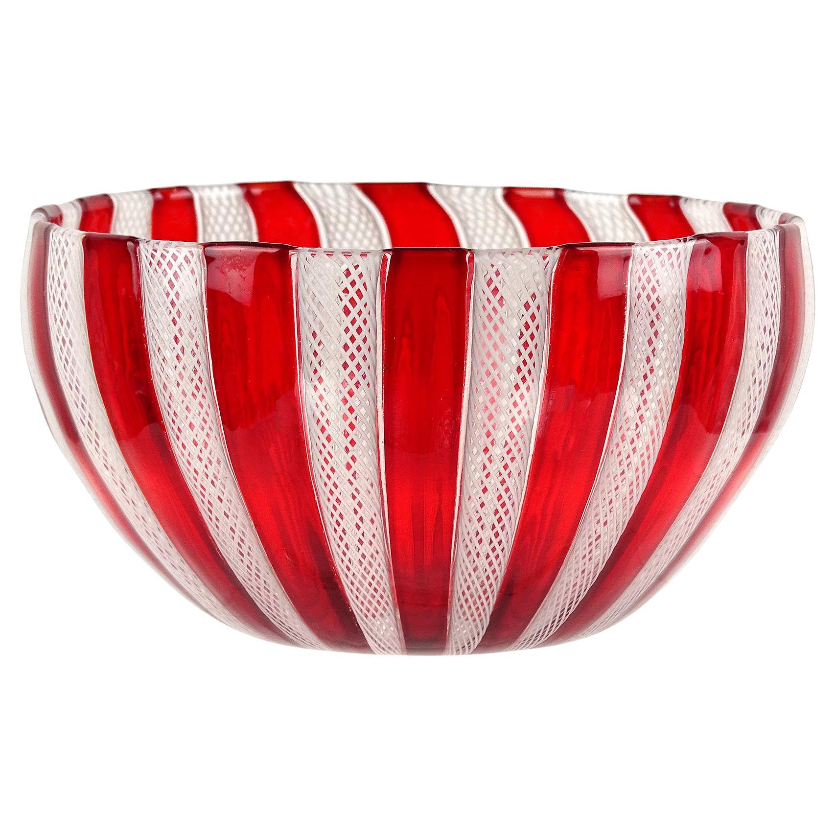 Murano Red White Zanfirico Ribbons Italian Art Glass Decorative Candy Dish Bowl