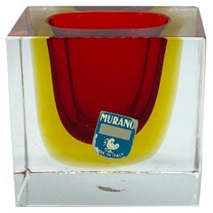 Flavio Poli Style Murano Red, Yellow and Clear Glass Little Vase, Italy, 1970s