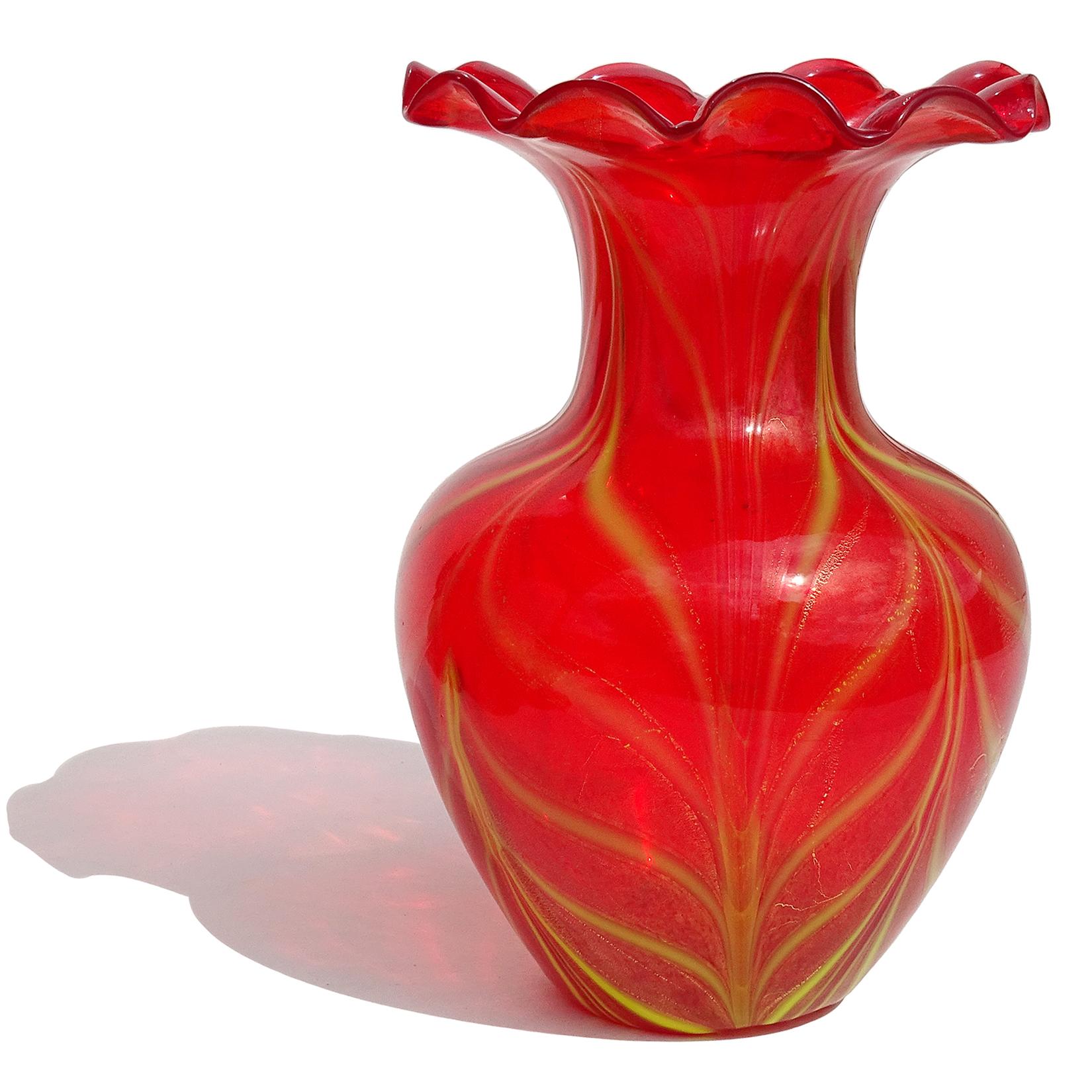 Art Deco Murano Red Yellow Pulled Feather Gold Italian Art Glass Ruffle Rim Flower Vase For Sale