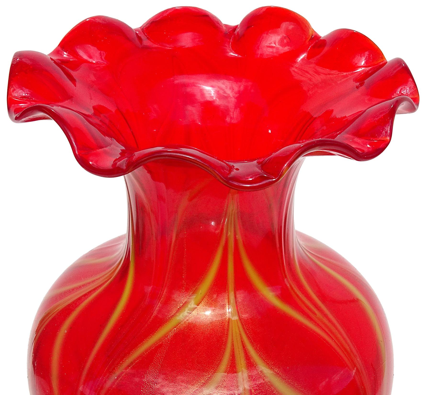 Hand-Crafted Murano Red Yellow Pulled Feather Gold Italian Art Glass Ruffle Rim Flower Vase For Sale