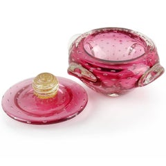 Murano Reddish Pink Gold Flecks Bubbles Italian Art Glass Vanity Powder Box