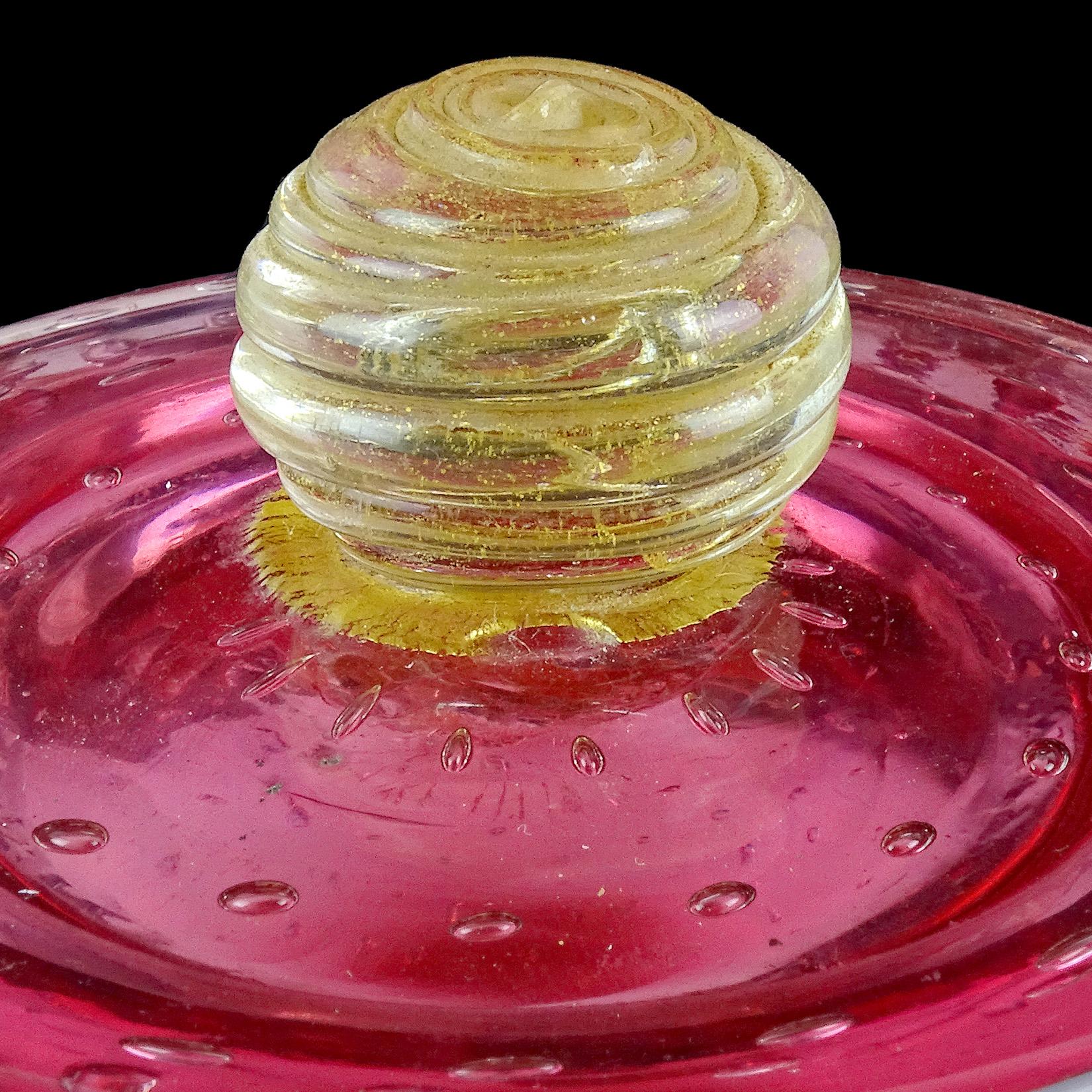 Mid-Century Modern Murano Reddish Pink Gold Flecks Bubbles Italian Art Glass Vanity Powder Box