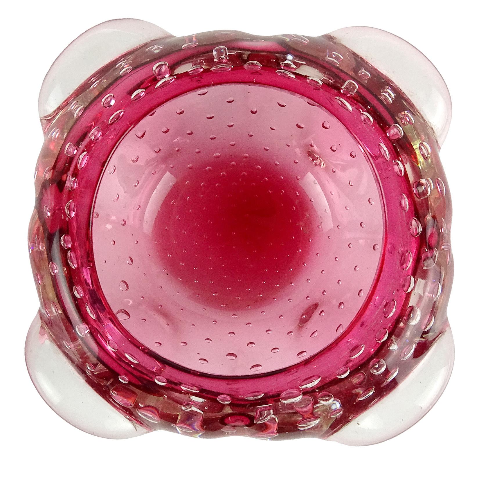 Hand-Crafted Murano Reddish Pink Gold Flecks Bubbles Italian Art Glass Vanity Powder Box