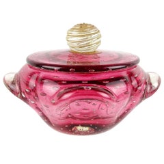 Vintage Murano Reddish Pink Gold Flecks Bubbles Italian Art Glass Vanity Powder Box