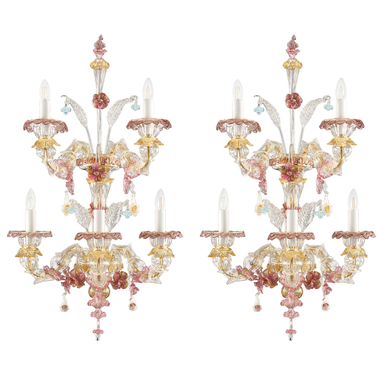 Murano Rezzonico Sconce 3+2 Bras Verre clair et multicolore Toffee:: Multiforme