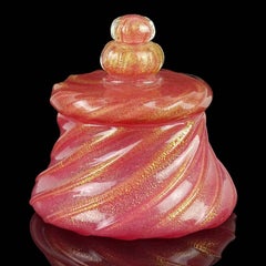 Murano Rose Pink Bubbled Gold Flecks Italian Art Glass Powder Box Vanity Jar