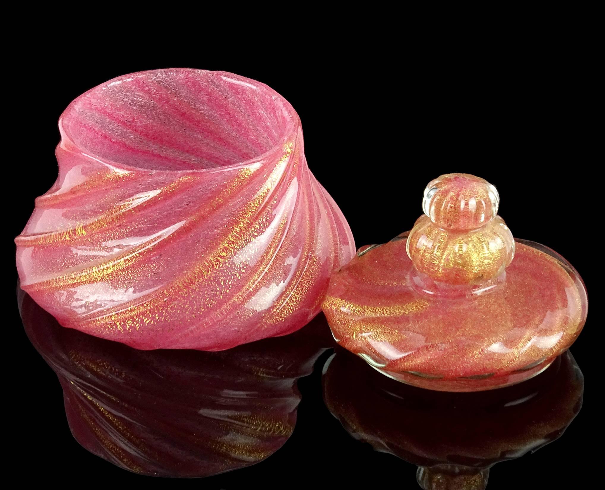 Art Deco Murano Rose Pink Bubbled Gold Flecks Italian Art Glass Powder Box Vanity Jar