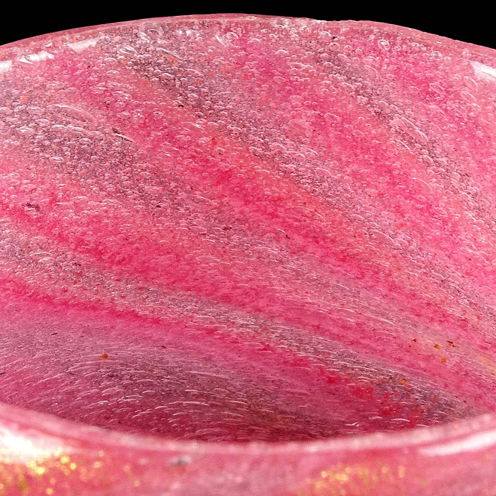 Hand-Crafted Murano Rose Pink Bubbled Gold Flecks Italian Art Glass Powder Box Vanity Jar