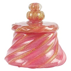 Murano Rose Pink Bubbled Gold Flecks Italian Art Glass Powder Box Vanity Jar