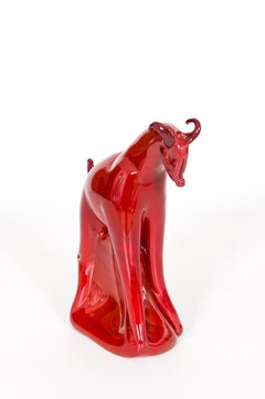 Murano Rosso Art Glass Ibex Sculpture, Red Stylized Animal, Italy, 1990s