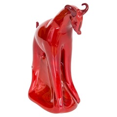 Murano Rosso Art Glass Ibex Sculpture, Red Stylized Animal, Italy, 1990s