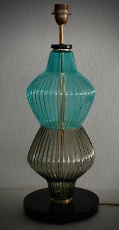 Murano Round Aqua Blue and Smoky Art Glass and Brass Midcentury Table Lamp, 2020