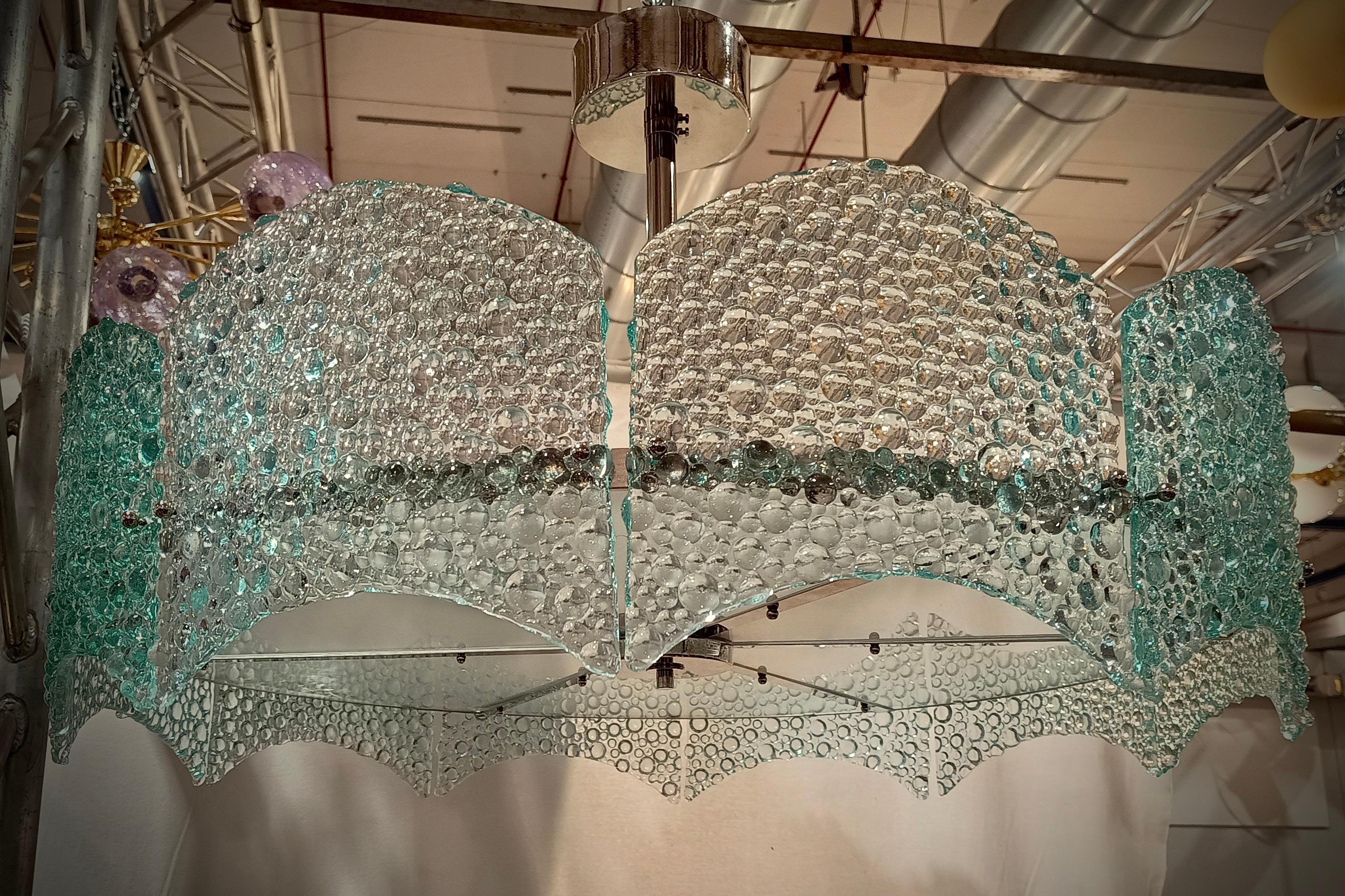XXIe siècle et contemporain Lustres et pendentifs ronds en verre d'art bleu aqua et chrome de Murano, 2000 en vente