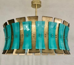 Murano Round Aqua Green / Gold Glass and Brass Midcentury Chandelier, 2020