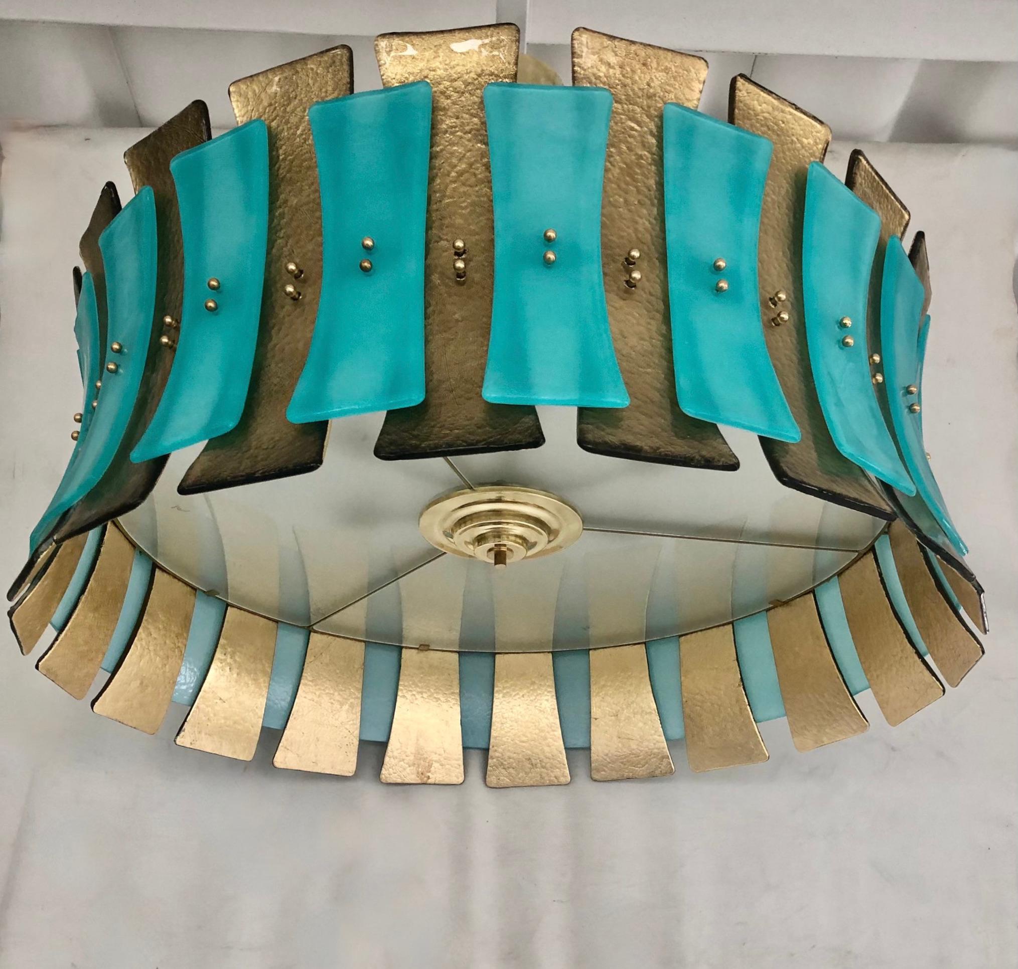 Mid-Century Modern Murano Round Aqua Green / Gold Glass and Brass Midcentury Chandelier, 1970 For Sale