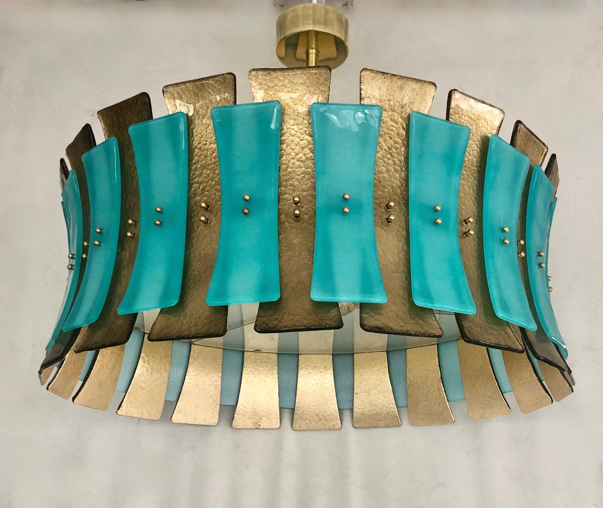 Murano Round Aqua Green / Gold Glass and Brass Midcentury Chandelier, 1970 For Sale 1