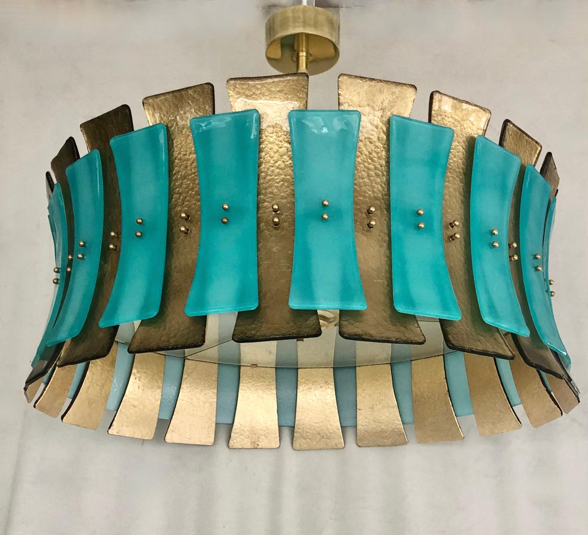 Murano Round Aqua Green / Gold Glass and Brass Midcentury Chandelier, 1970 For Sale 2