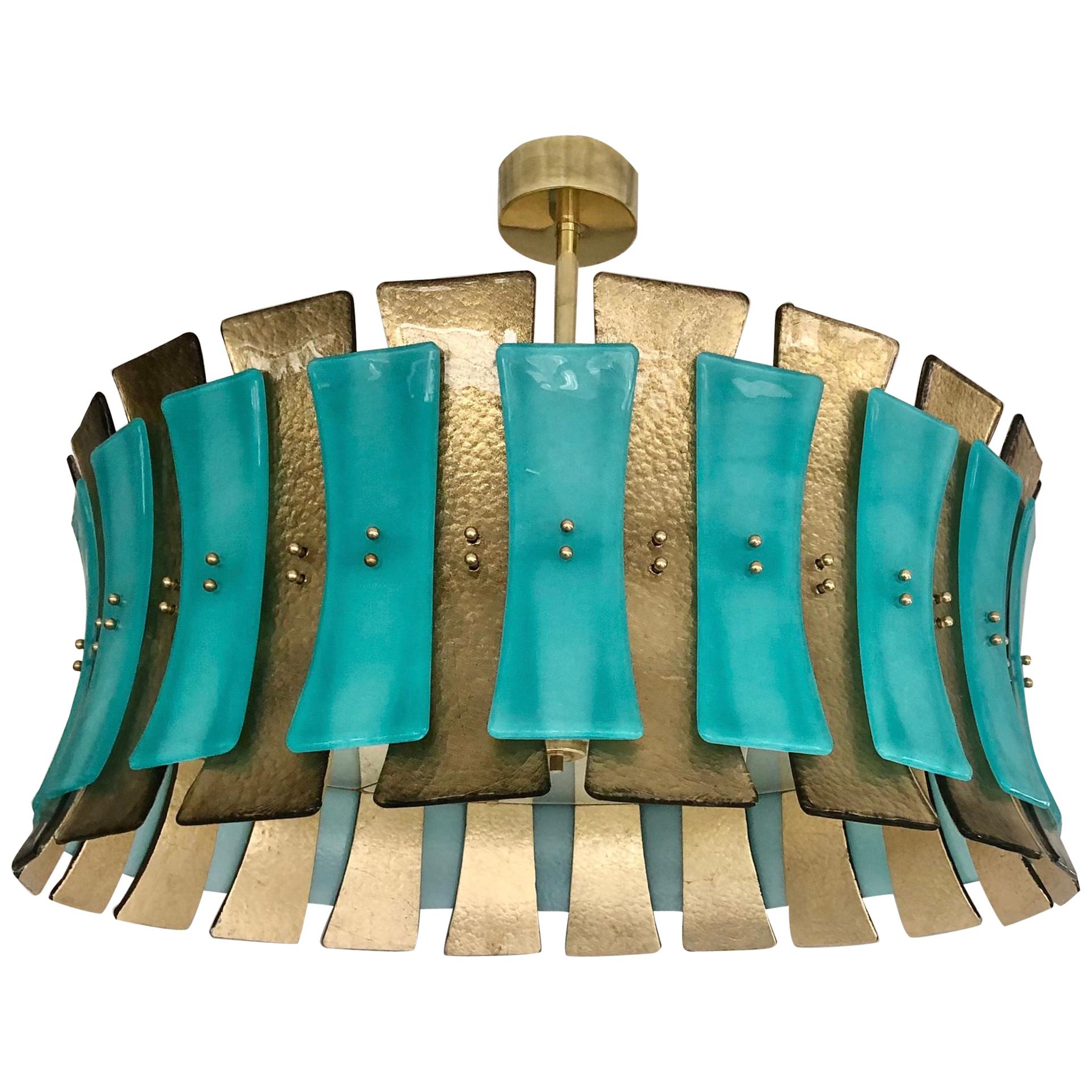 Murano Round Aqua Green / Gold Glass and Brass Midcentury Chandelier, 1970