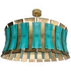 Retro Murano Round Aqua Green / Gold Glass and Brass Midcentury Chandelier, 1970