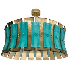 Lustre rond de Murano, vert aqua/or et laiton, 1970