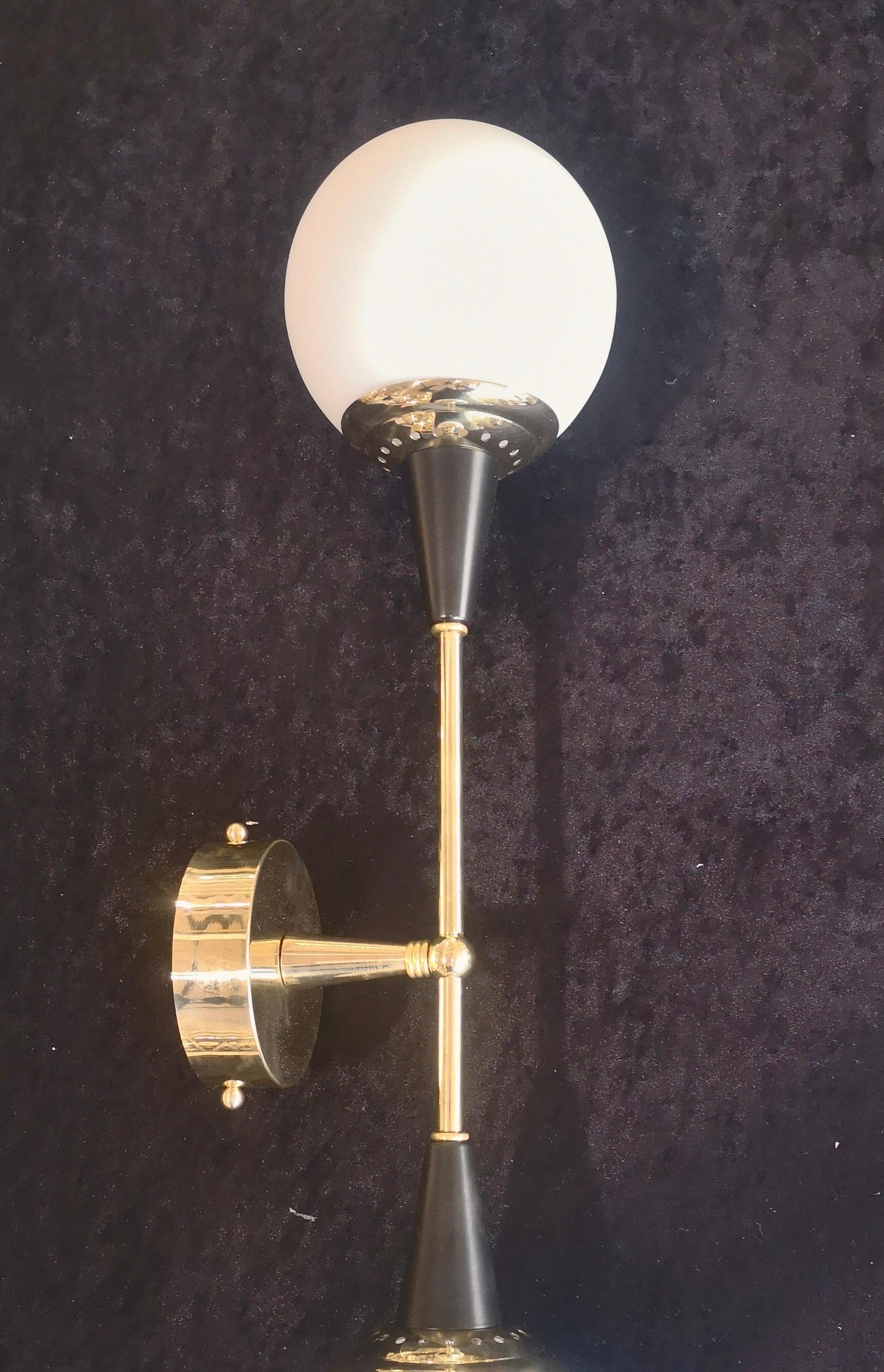 Mid-Century Modern Murano Round Art Glass and Brass Black and White Midcentury Wall Light, 2000 For Sale