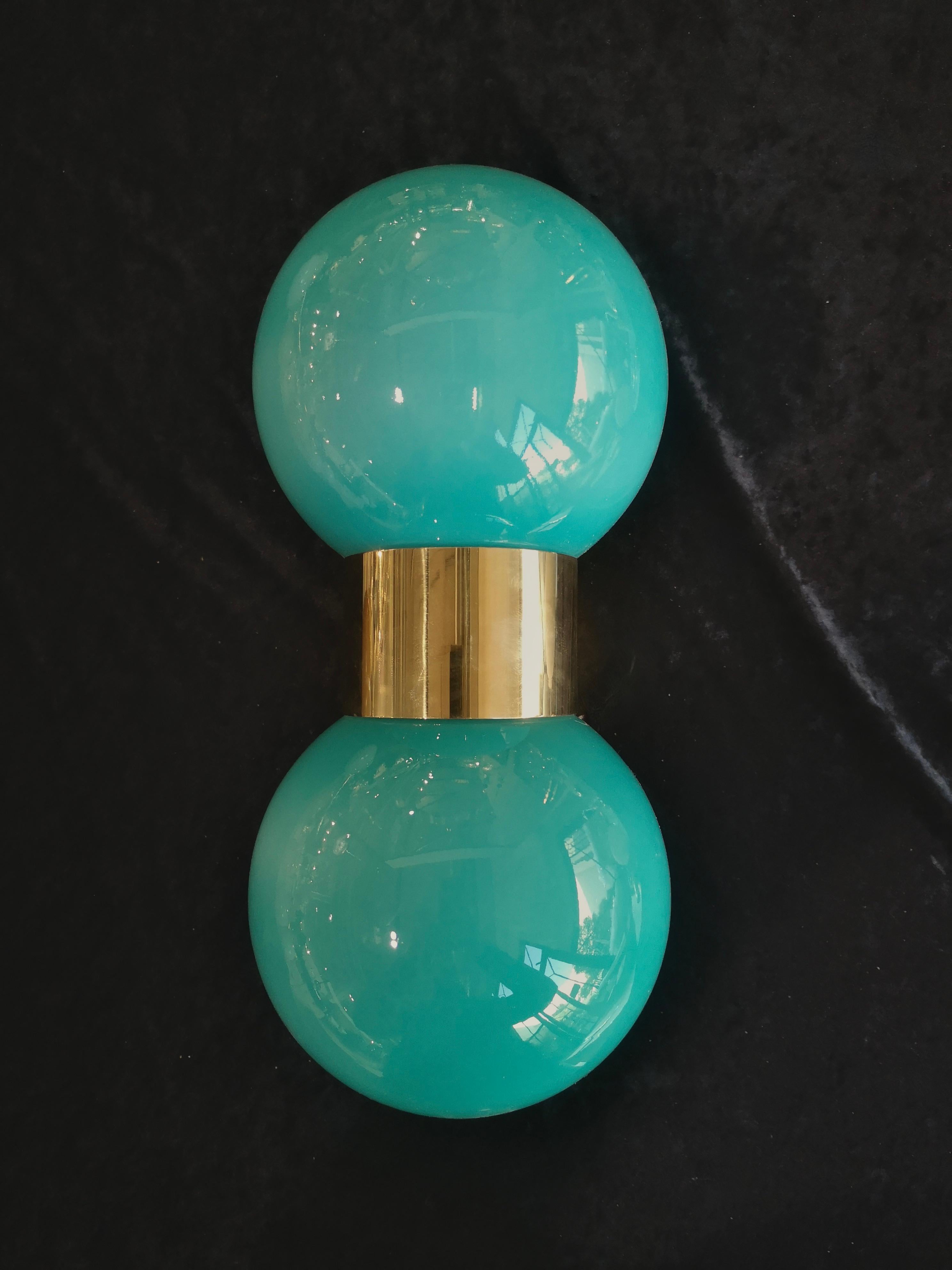 Mid-Century Modern Murano Round Art Glass and Brass Green MidCentury Wall Light, 2000 For Sale