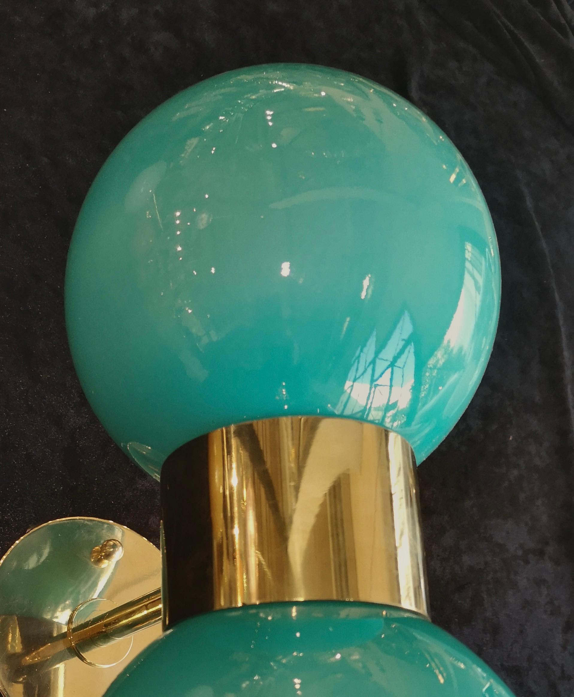 Murano Glass Murano Round Art Glass and Brass Green MidCentury Wall Light and Sconces, 2020 For Sale
