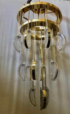Lampadario e pendente rotondo in vetro artistico e ottone di Murano, metà del secolo scorso, 1970