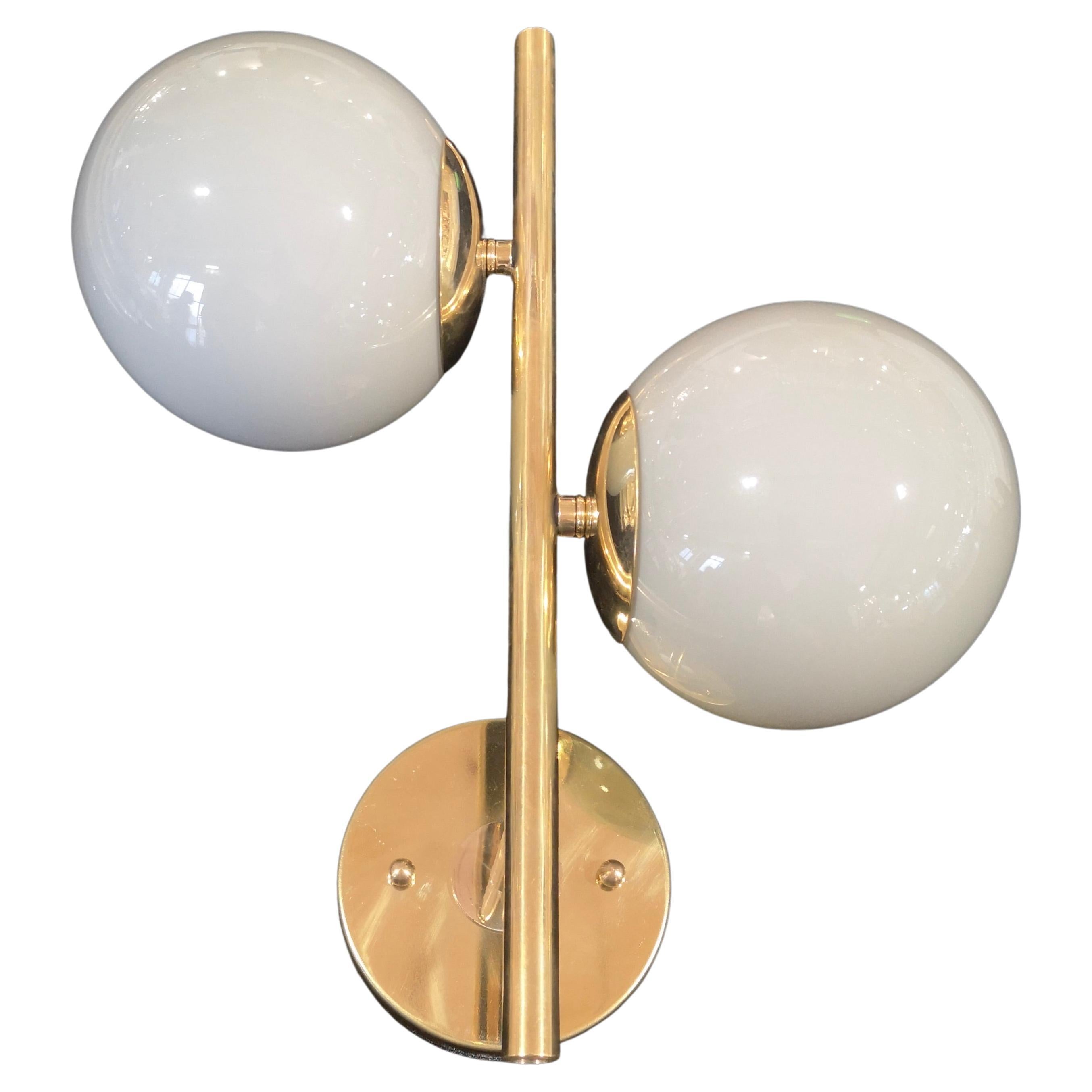Murano Round Art White Glass and Brass MidCentury Wall Light, 2000 For Sale