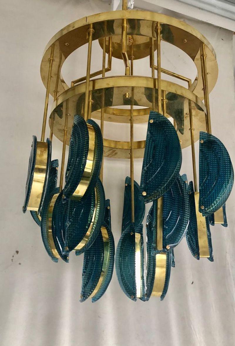 Mid-Century Modern Murano Round Blue Art Glass and Brass Mid-Century Chandelier and Pendant, 1970 For Sale