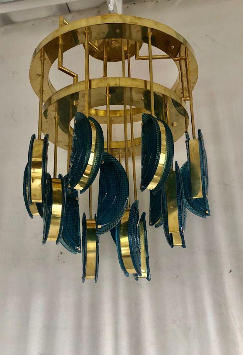 Italian Murano Round Blue Art Glass and Brass Mid-Century Chandelier and Pendant, 1970 For Sale