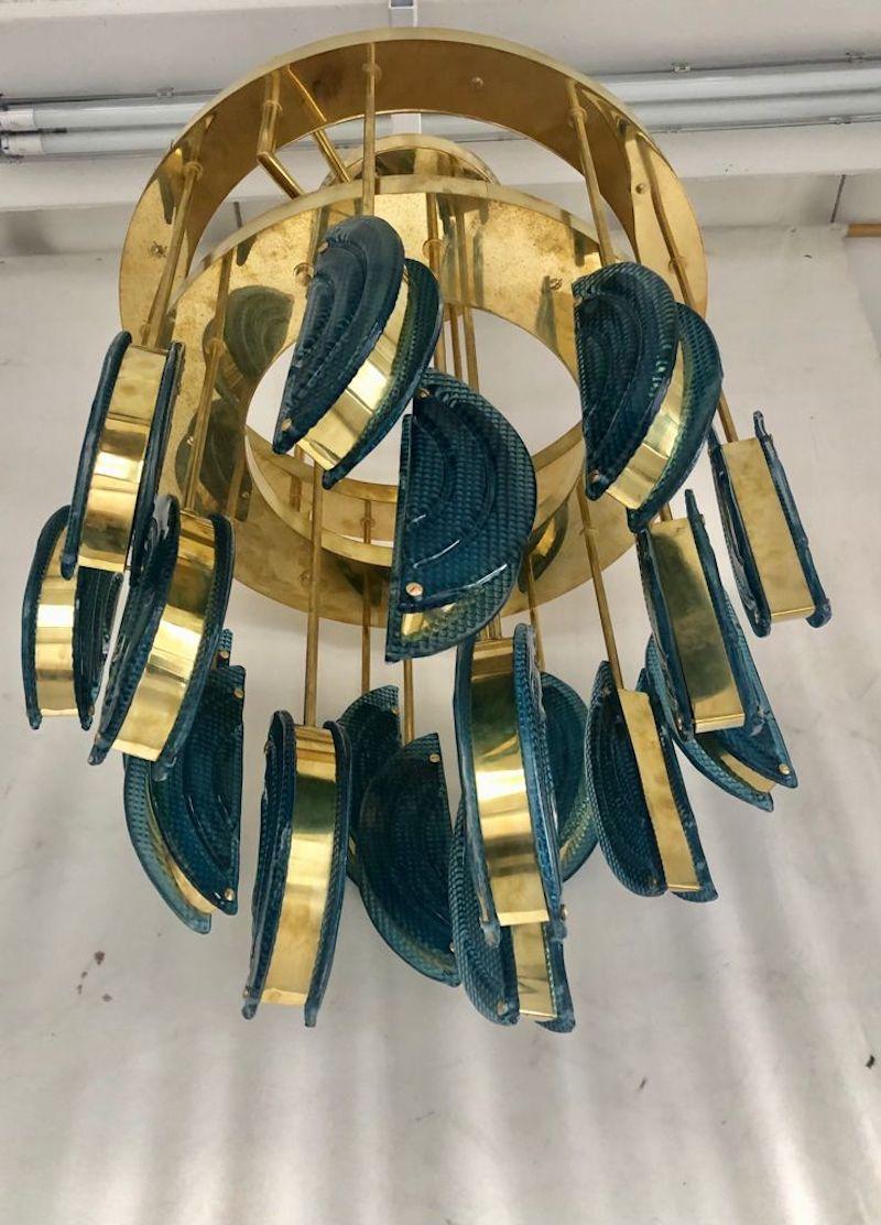 Murano Round Blue Art Glass and Brass Mid-Century Chandelier and Pendant, 1970 For Sale 1