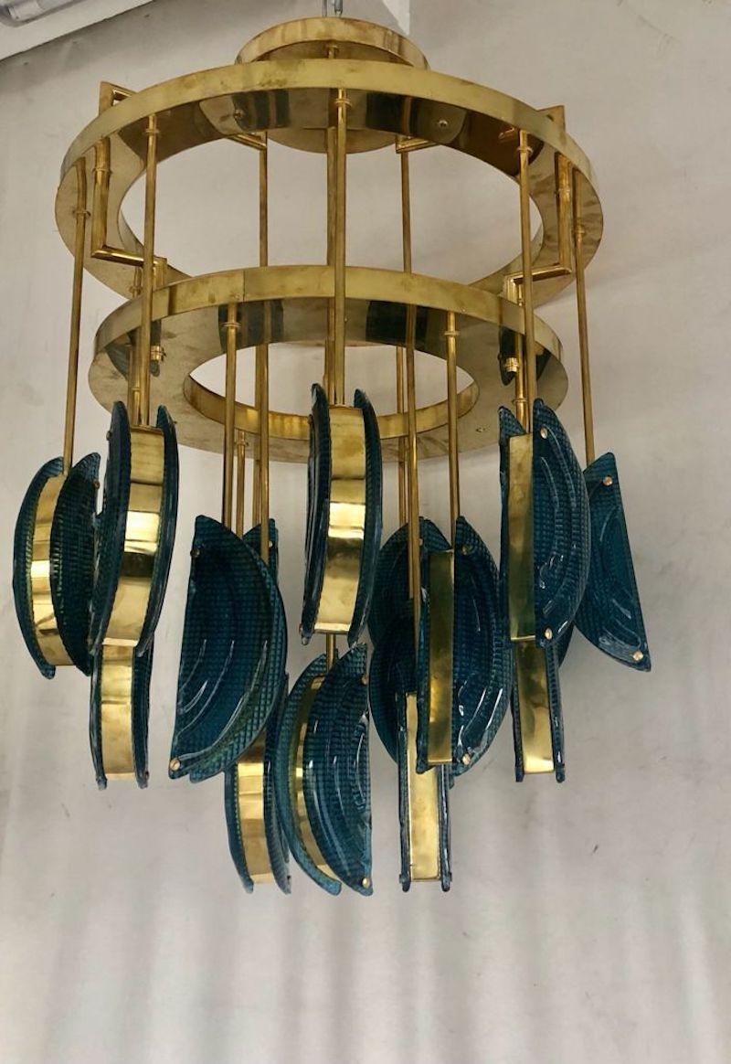 Murano Round Blue Art Glass and Brass Mid-Century Chandelier and Pendant, 1970 For Sale 2