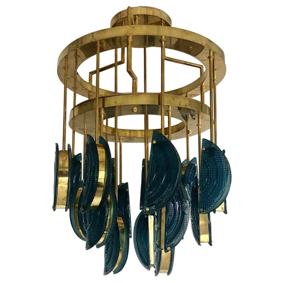 Murano Round Blue Art Glass and Brass Mid-Century Chandelier and Pendant, 1970