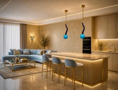 Murano Round Blue Glass and Brass Lantern Chandelier and Pendant, 1960