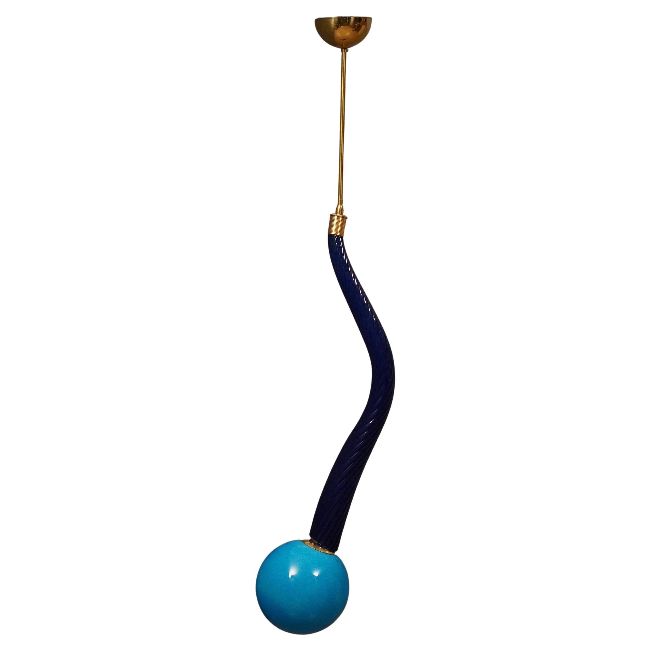 Murano Round Blue Glass and Brass Lantern Chandelier and Pendant, 1960