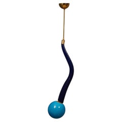 Murano Round Blue Glass and Brass Lantern Chandelier and Pendant, 1960