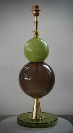 Murano Round Brown and Green Art Glass and Brass Midcentury Table Lamp, 2020
