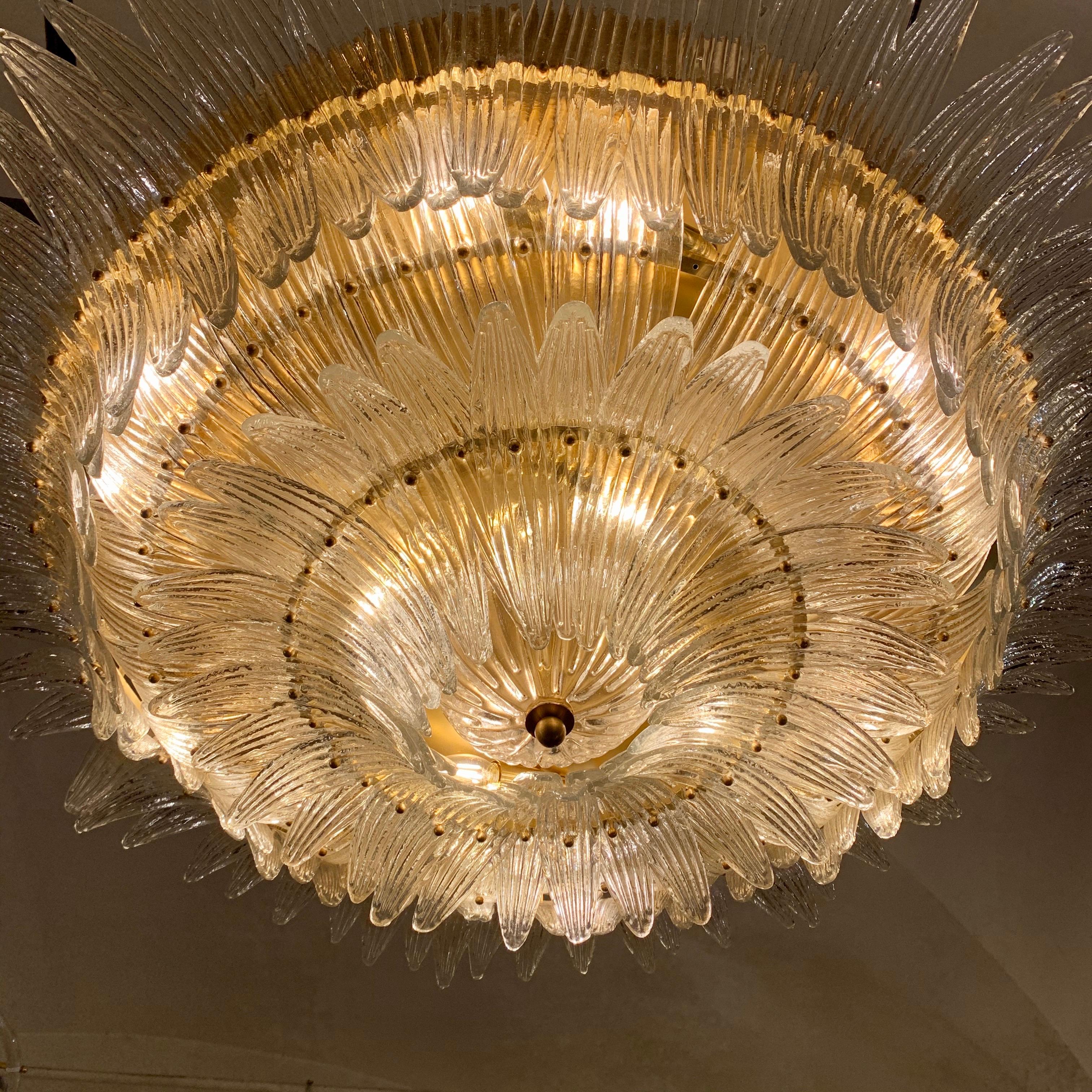 Murano Round Chandelier with Clear Glass Leaves, Brass Structure, 1950s 4