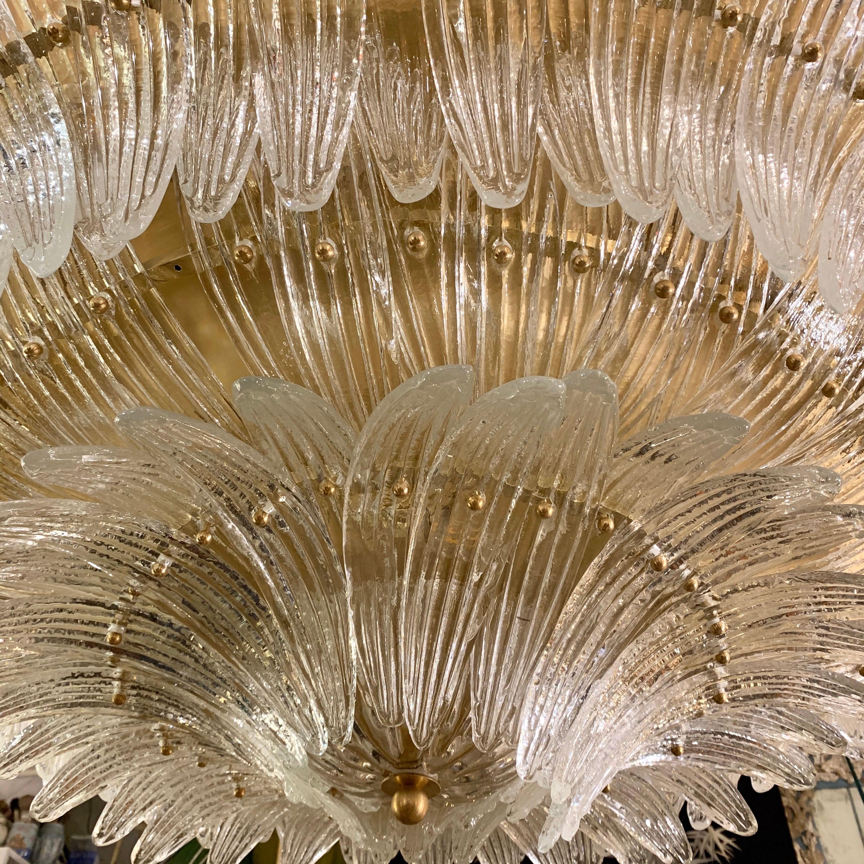Murano Round Chandelier with Clear Glass Leaves, Brass Structure, 1950s 7
