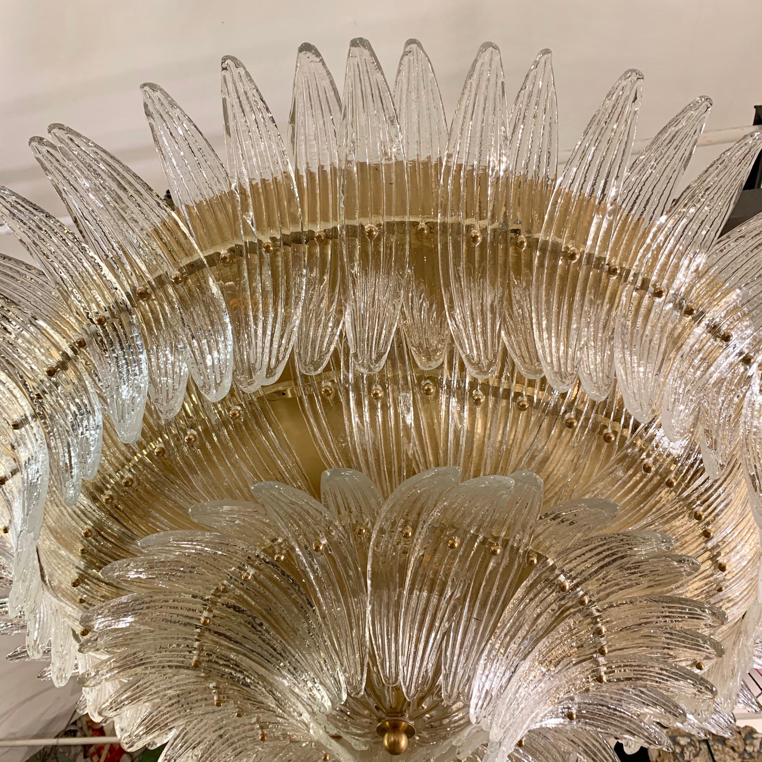 Murano Round Chandelier with Clear Glass Leaves, Brass Structure, 1950s 8
