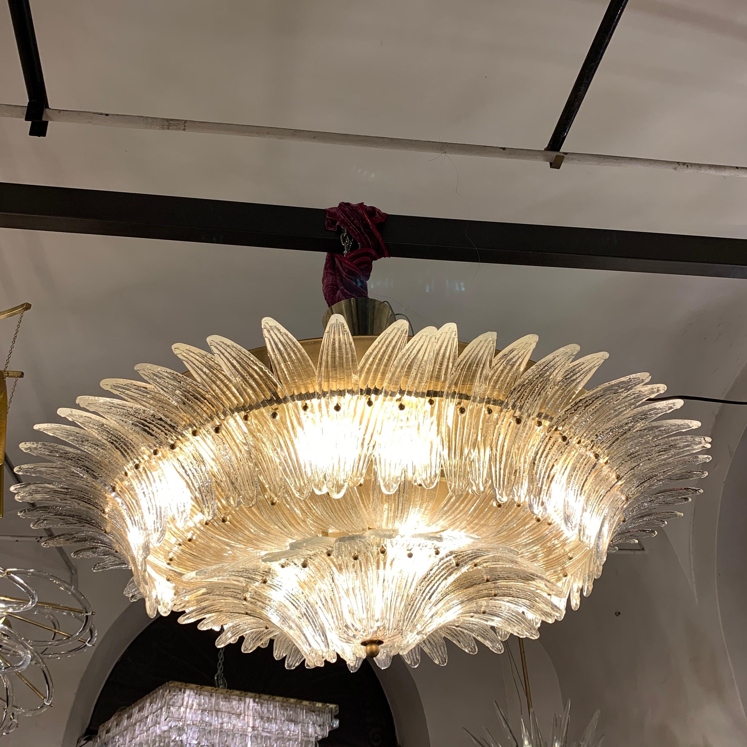 Mid-Century Modern Murano Round Chandelier with Clear Glass Leaves, Brass Structure, 1950s