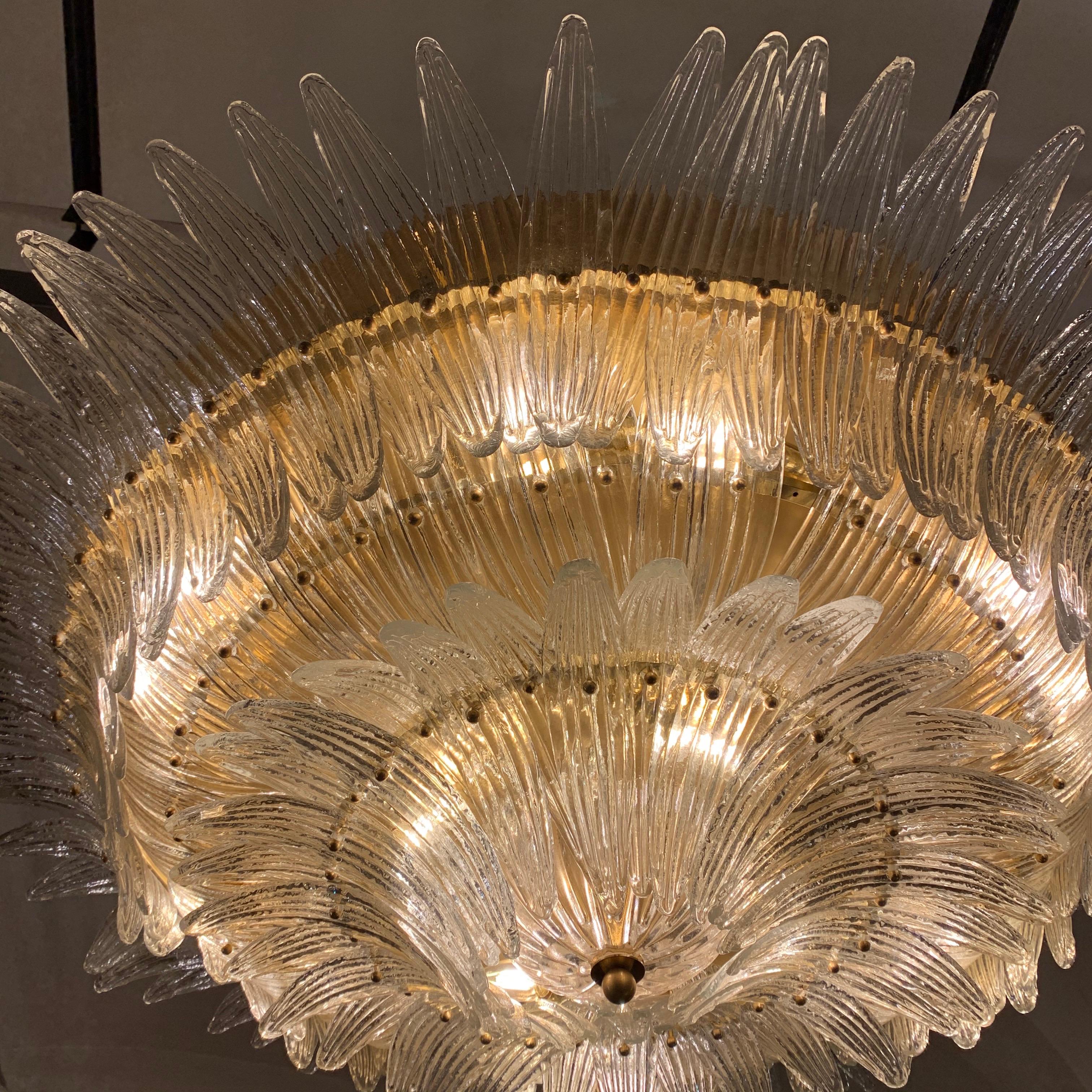 Mid-20th Century Murano Round Chandelier with Clear Glass Leaves, Brass Structure, 1950s